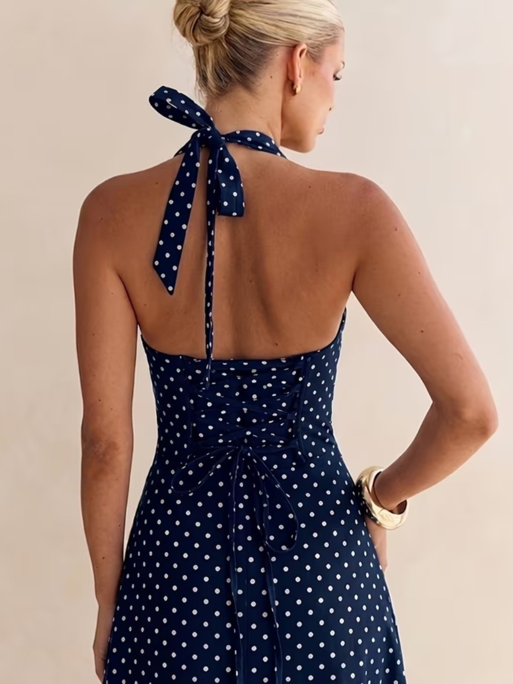 Sleeveless Navy Polka Dot Halter Midi Dress